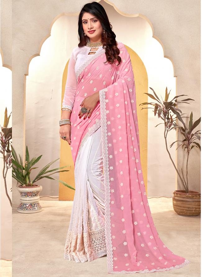 Georgette Pink Wedding Wear Embroidery Work Saree